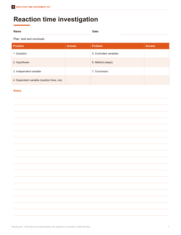 Preview of Printable Reaction Time Investigation Worksheet