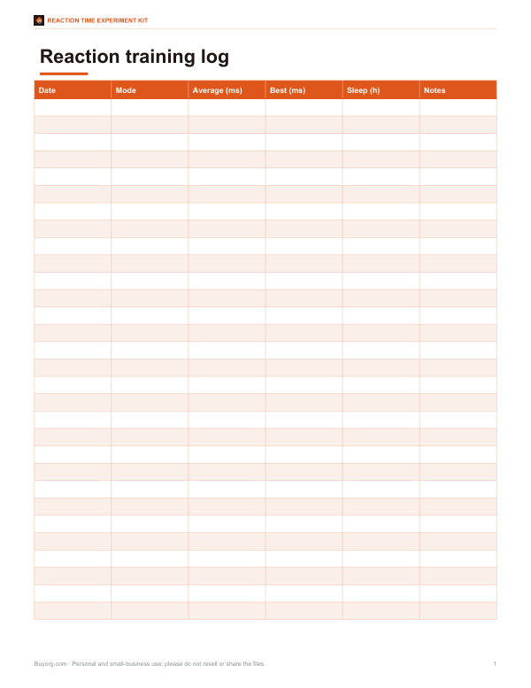 Preview of Printable Reaction Time Training Log